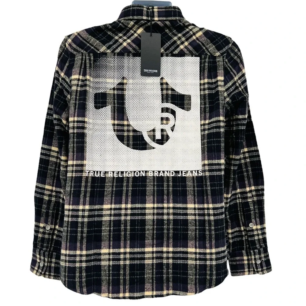 True Religion Mens Black Tan Fleece Plaid Shirt Sz Small Travertine Workwear NWT